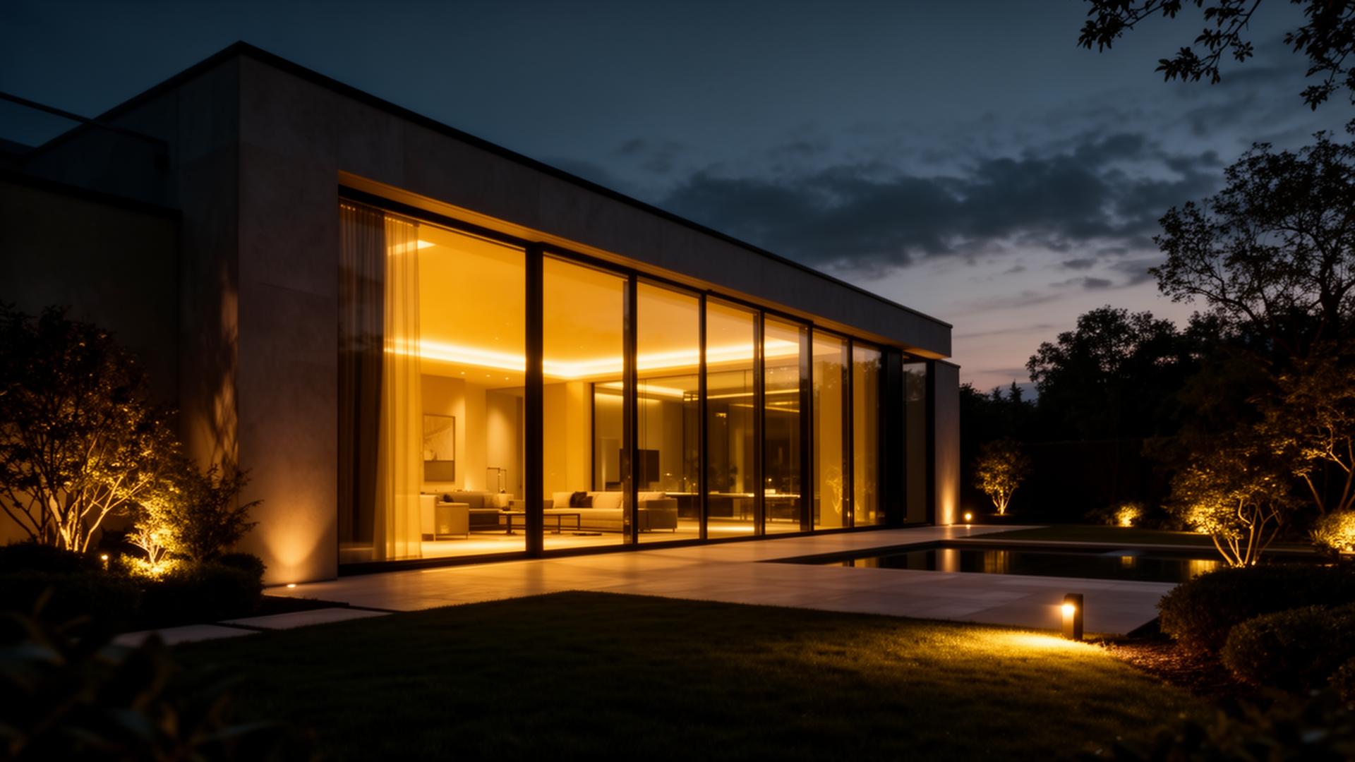 Casa moderna iluminada ao entardecer